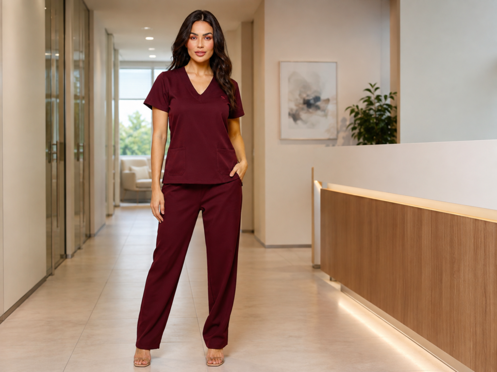 Profissional de saúde usando scrub feminino bordô em uma clínica moderna