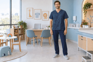 Profissional de saúde usando pijama cirúrgico masculino estampado em consultório pediátrico