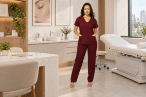 Profissional de saúde usando scrub feminino bordô em clínica de dermatologia