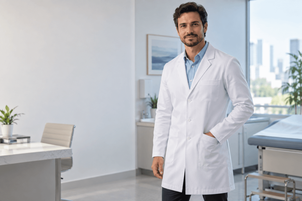 Profissional de saúde usando jaleco masculino branco slim fit em consultório