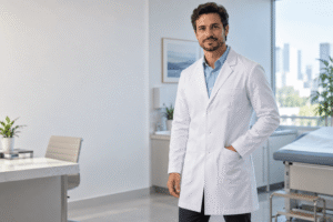 Profissional de saúde usando jaleco masculino branco slim fit em consultório