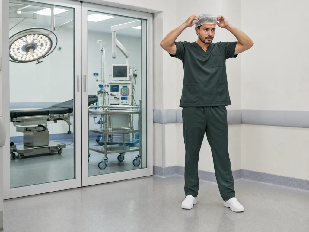 Profissional masculino usando pijama cirúrgico de tecido tecnológico em ambiente hospitalar.