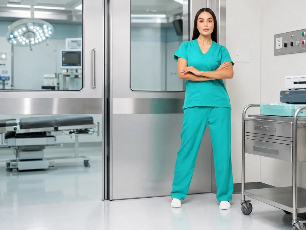 Profissional de saúde usando scrub cirúrgico tecnológico em ambiente hospitalar moderno.