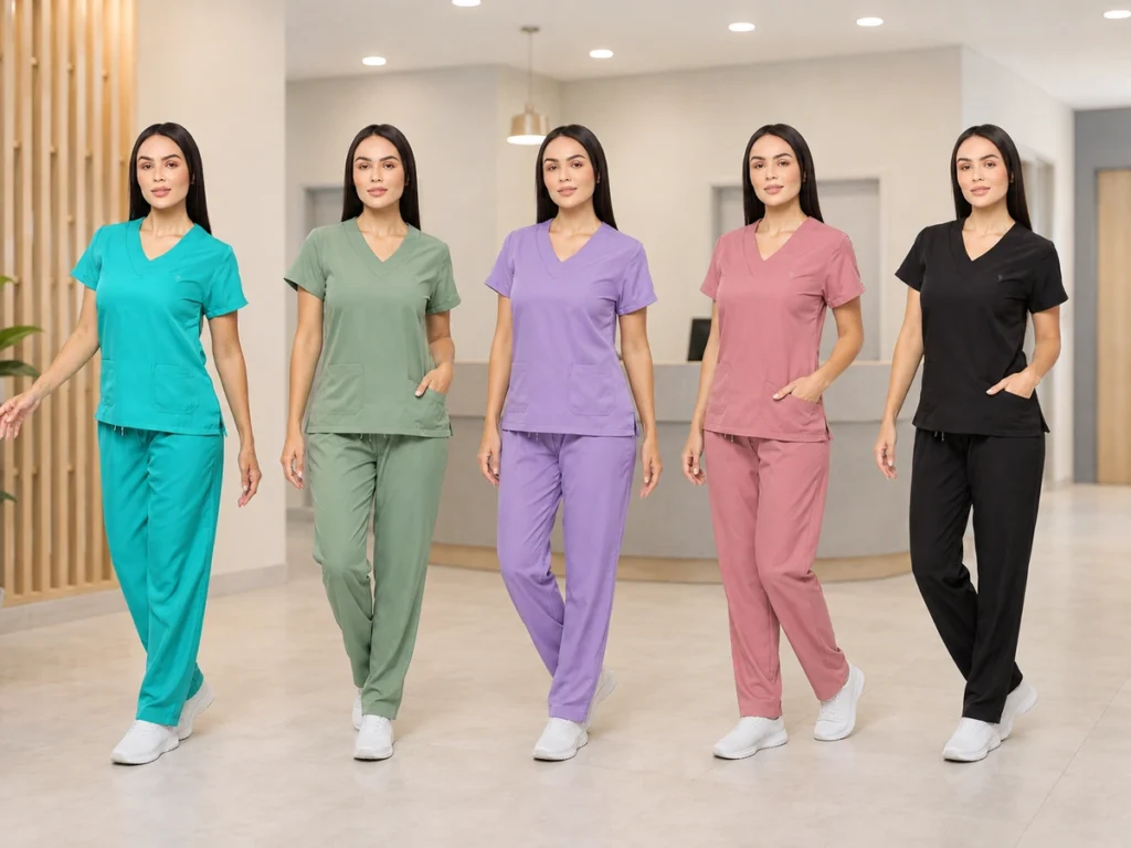 Profissionais apresentam scrubs femininos em diferentes cores exclusivas em ambiente clínico.