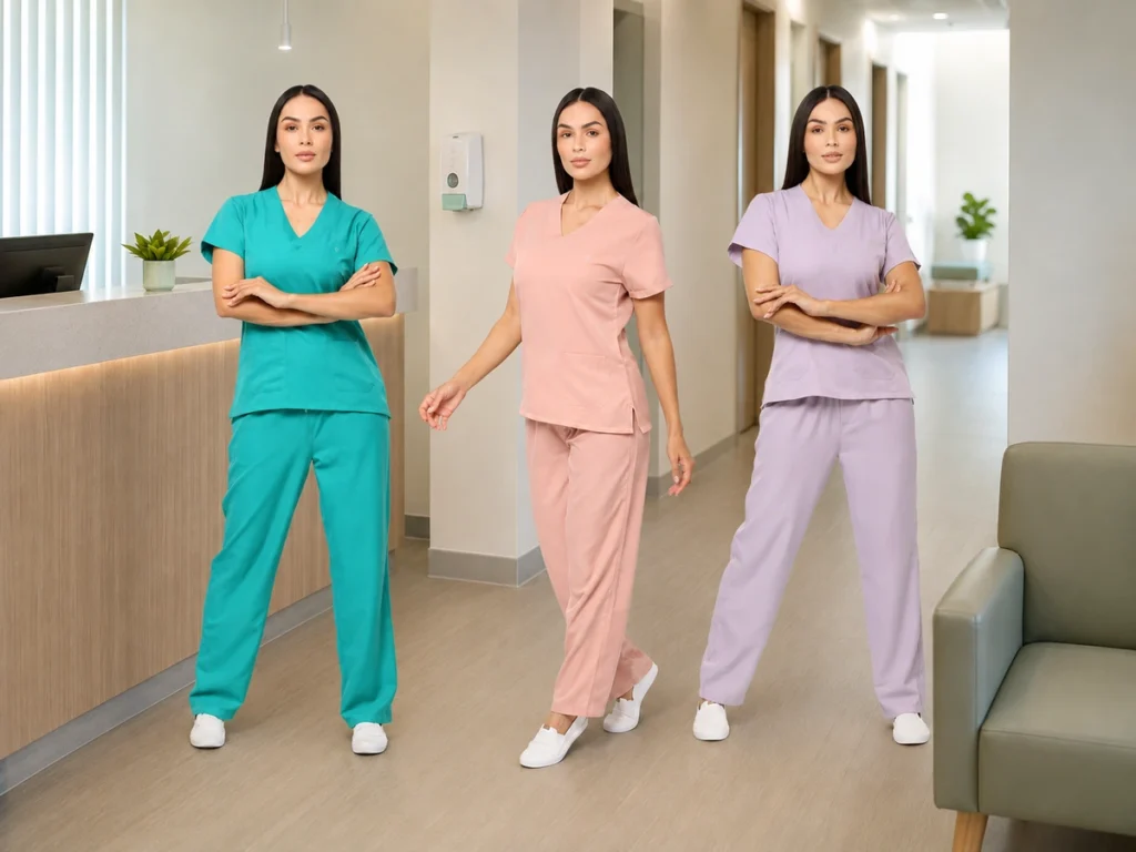 Três profissionais apresentam scrubs femininos turquesa, rosé e lilás da nova coleção em uma clínica.