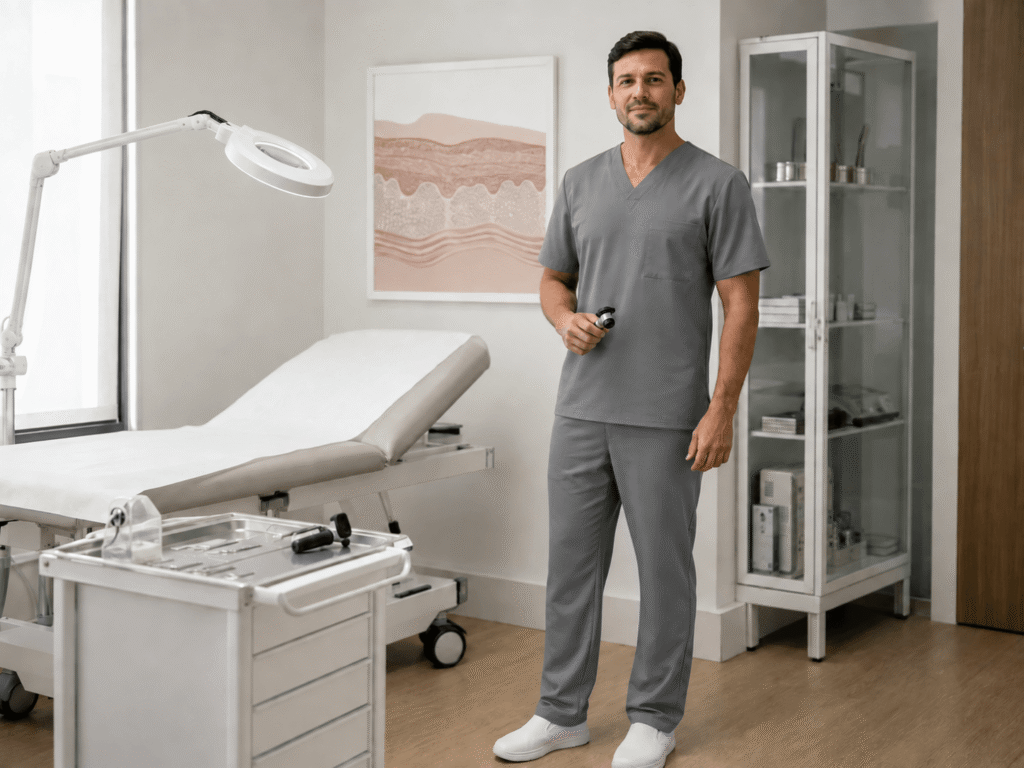 Profissional de saúde usando scrub masculino cinza em consultório