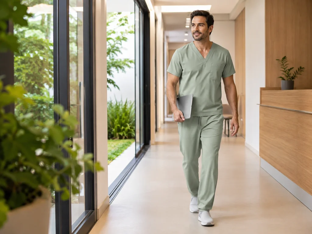 Profissional masculino usando scrub de tecido leve em corredor hospitalar.