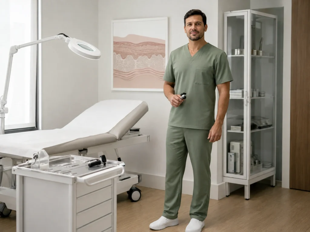 Profissional masculino usando scrub premium em clínica de dermatologia moderna.