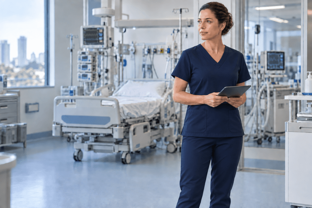 Médica usando scrub azul-marinho ajustado em uma UTI