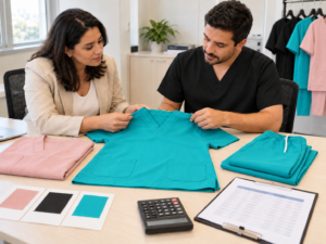 Equipe de compras avaliando scrubs turquesa, preto e rosé.