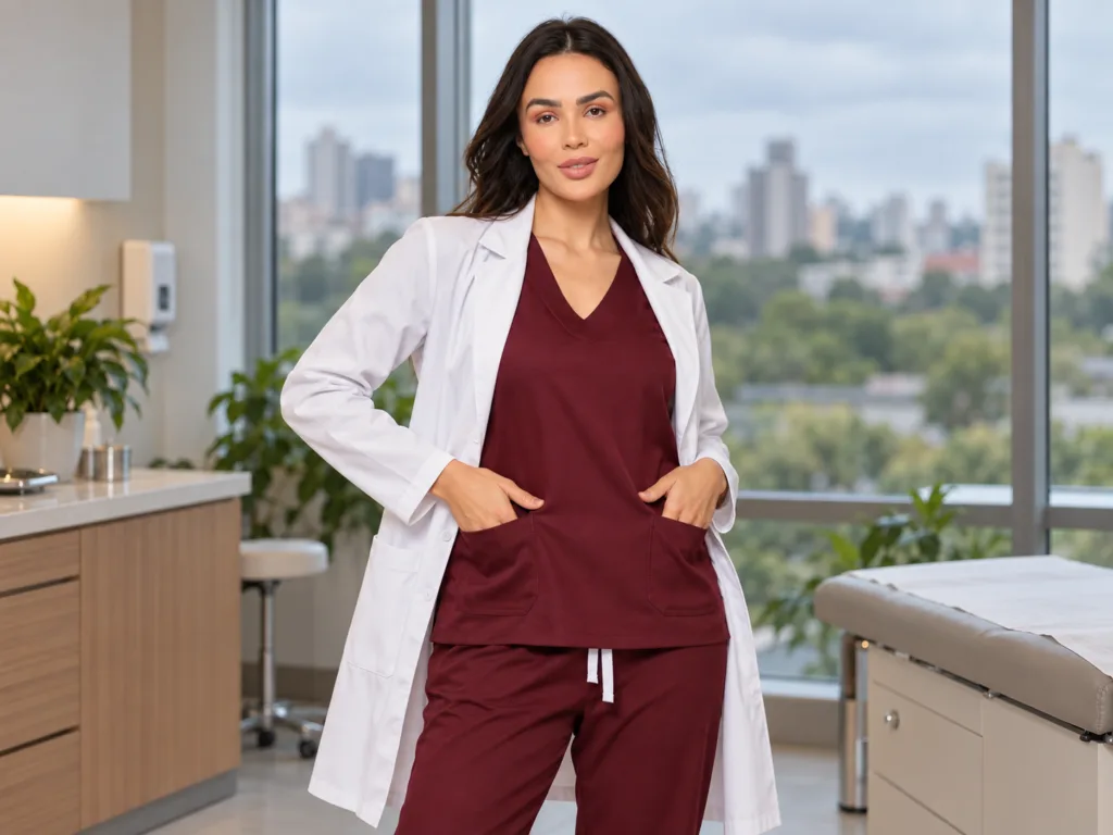 Profissional com scrub vinho e jaleco branco em clínica de Porto Alegre
