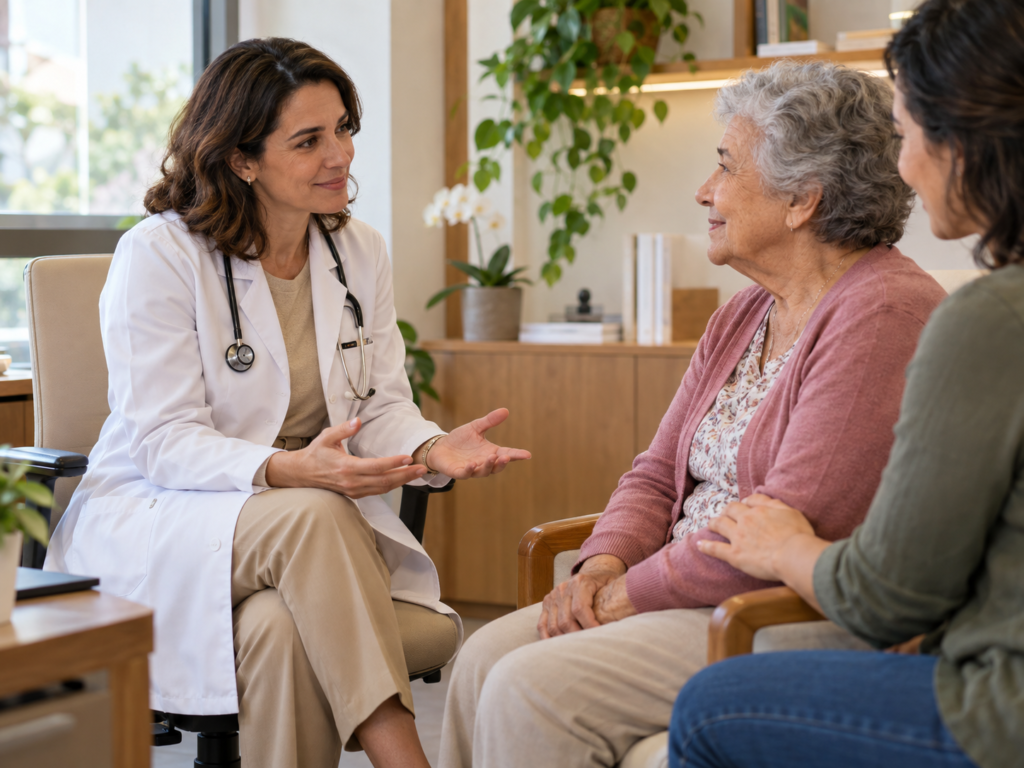 Médica geriatra com jaleco branco acolhendo paciente idosa