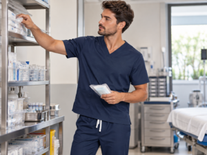 Profissional com scrub organizando materiais na clínica
