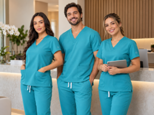 Equipe de clínica com scrubs padronizados e detalhes de bordado