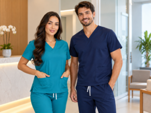 Profissionais com scrubs de corte moderno em clínica