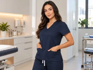 Detalhes do decote e dos bolsos de um scrub feminino