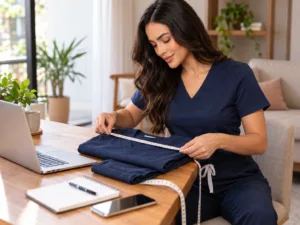 Profissional conferindo medidas de um scrub para compra online