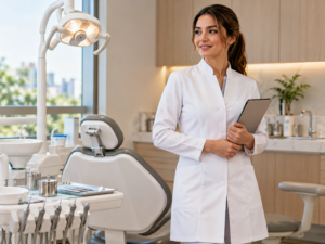 Dentista de jaleco feminino ao lado da cadeira odontológica
