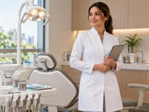 Dentista de jaleco feminino ao lado da cadeira odontológica