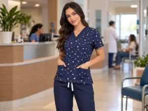 Profissional com pijama cirúrgico feminino estampado