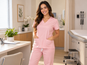 Profissional com scrub feminino rosa claro em consultório