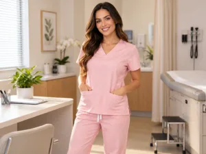 Profissional com scrub feminino rosa claro em consultório