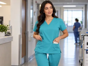 Profissional utilizando os bolsos laterais da blusa do scrub