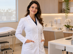 Profissional com jaleco feminino acinturado