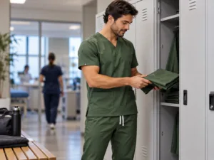 Profissional verificando costuras de um scrub masculino