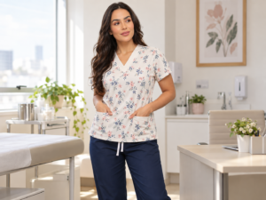 Profissional com pijama cirúrgico feminino de estampa floral