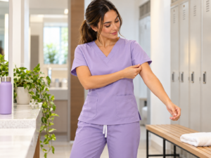 Profissional avaliando o toque e o acabamento de um scrub feminino