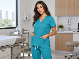 Profissional com pijama cirúrgico feminino de gola V