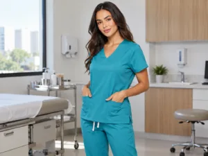Profissional com pijama cirúrgico feminino de gola V