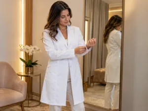 Profissional conferindo o acabamento de um jaleco feminino
