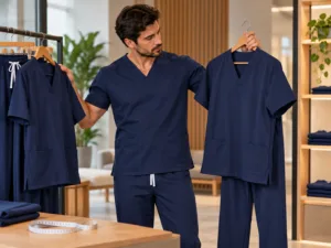 Profissional avaliando acabamento e tamanho de scrubs masculinos