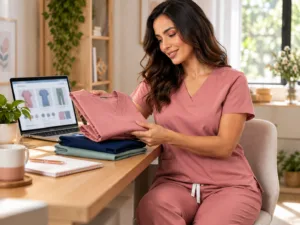 Profissional escolhendo um scrub feminino pela internet