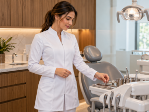 Dentista com jaleco de design moderno no consultório