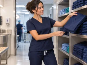 Profissional organizando pijamas cirúrgicos limpos