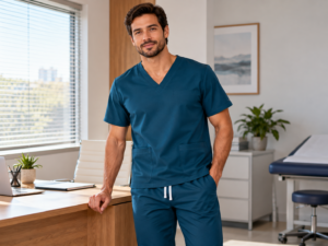 Profissional com scrub masculino azul petróleo em consultório