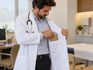 Médico utilizando o bolso interno do jaleco