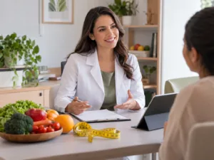 Nutricionista de jaleco branco em consultório