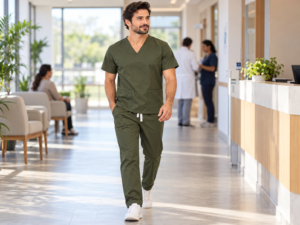 Profissional com scrub masculino verde militar em clínica