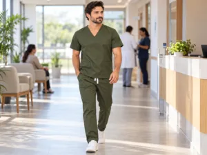Profissional com scrub masculino verde militar em clínica