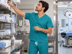 Profissional com scrub em movimento na área de preparação