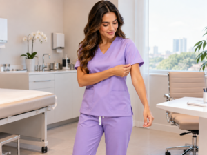 Profissional com scrub feminino lilás em consultório