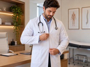 Médico ajustando o zíper frontal do jaleco