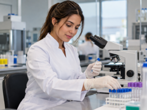 Biomédica de jaleco branco em laboratório