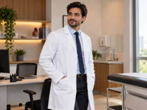Médico com jaleco de corte moderno em consultório