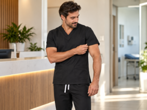 Profissional com scrub masculino preto em clínica