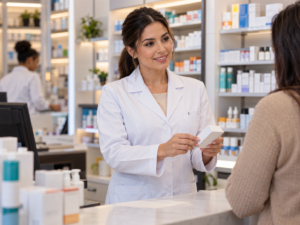 Farmacêutica com jaleco branco no balcão de uma farmácia